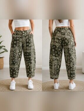 Bandana Print Barrel Leg Jeans Olive Green Cream Patchwork Cropped Pants NWT Lar